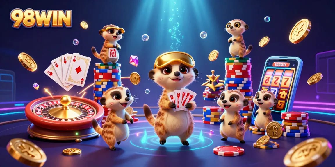 Experience winning excitement at 98WIN with meerkats managing a bustling casino scene.