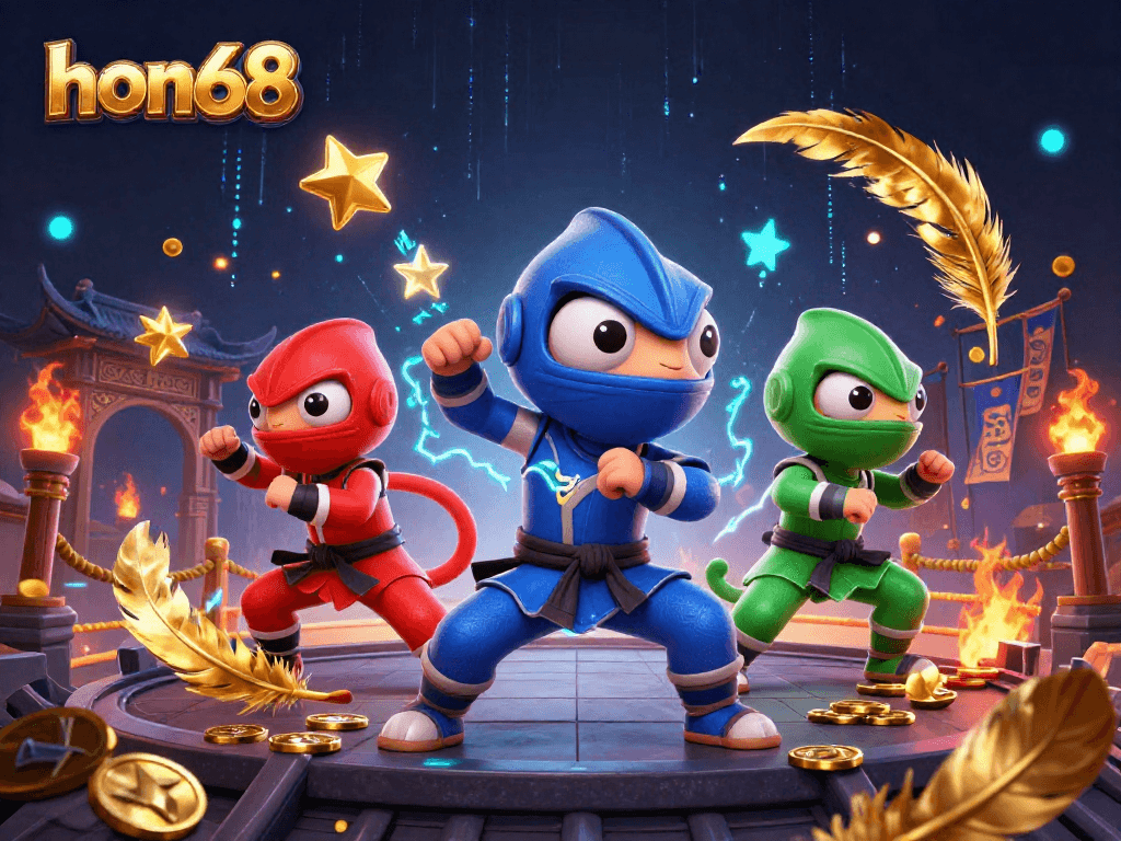 Engage with hon68’s thrilling chameleon ninja team showcasing dynamic martial arts against a vibrant casino backdrop.
