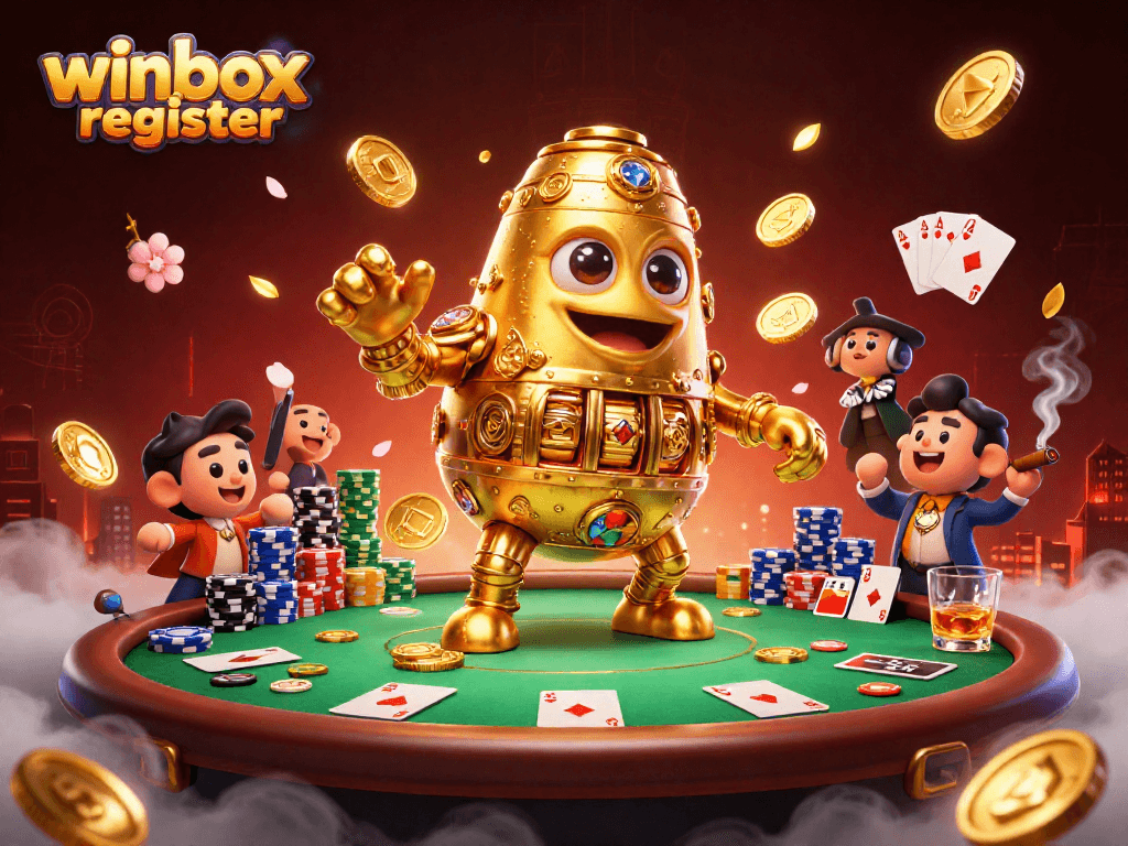 Engaging illustration of winbox register process, featuring a golden golem amidst stacks of poker chips.