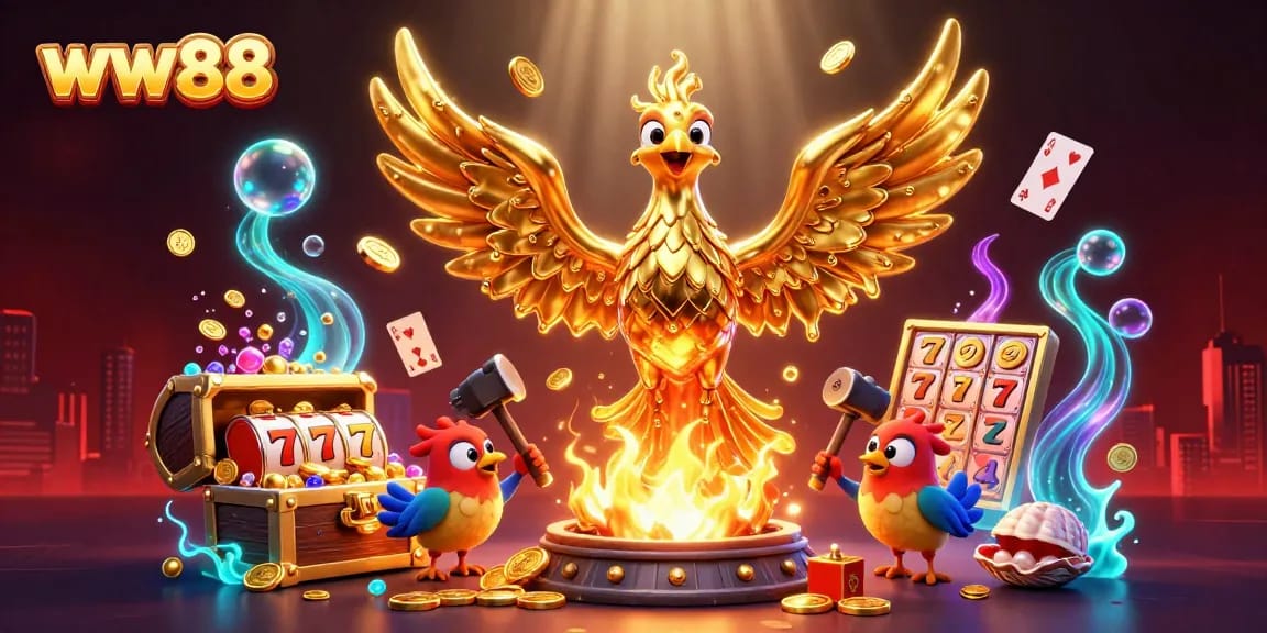 Experience excitement at ww88 with a molten golden phoenix surrounded by dynamic casino elements.
