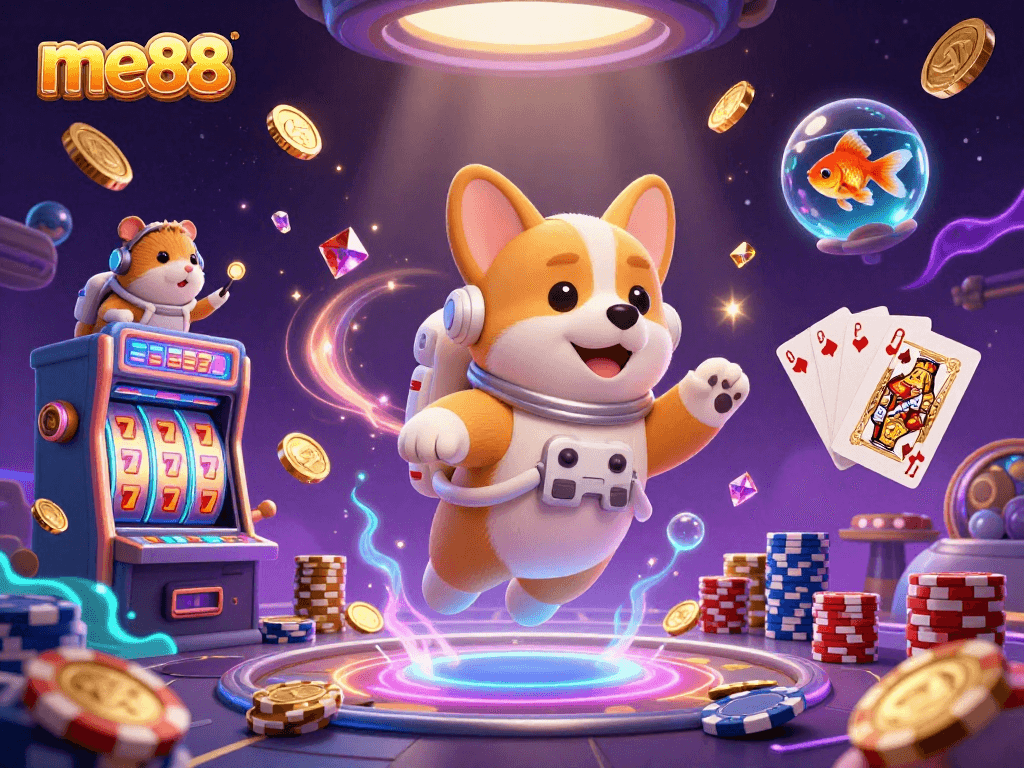 Experience me88's vibrant casino universe with astronauts, goldfish, and drifting coins in a thrilling gaming adventure.