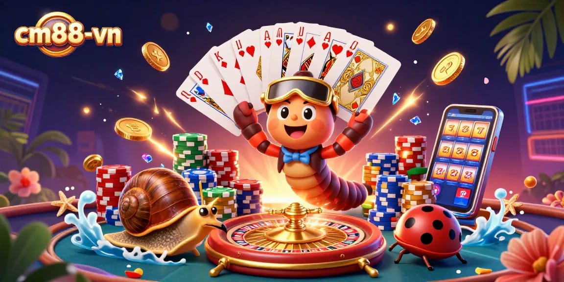Engage with cm88-vn and experience thrilling casino action featuring a dynamic 3D cartoon millipede dealer and vibrant game elements.