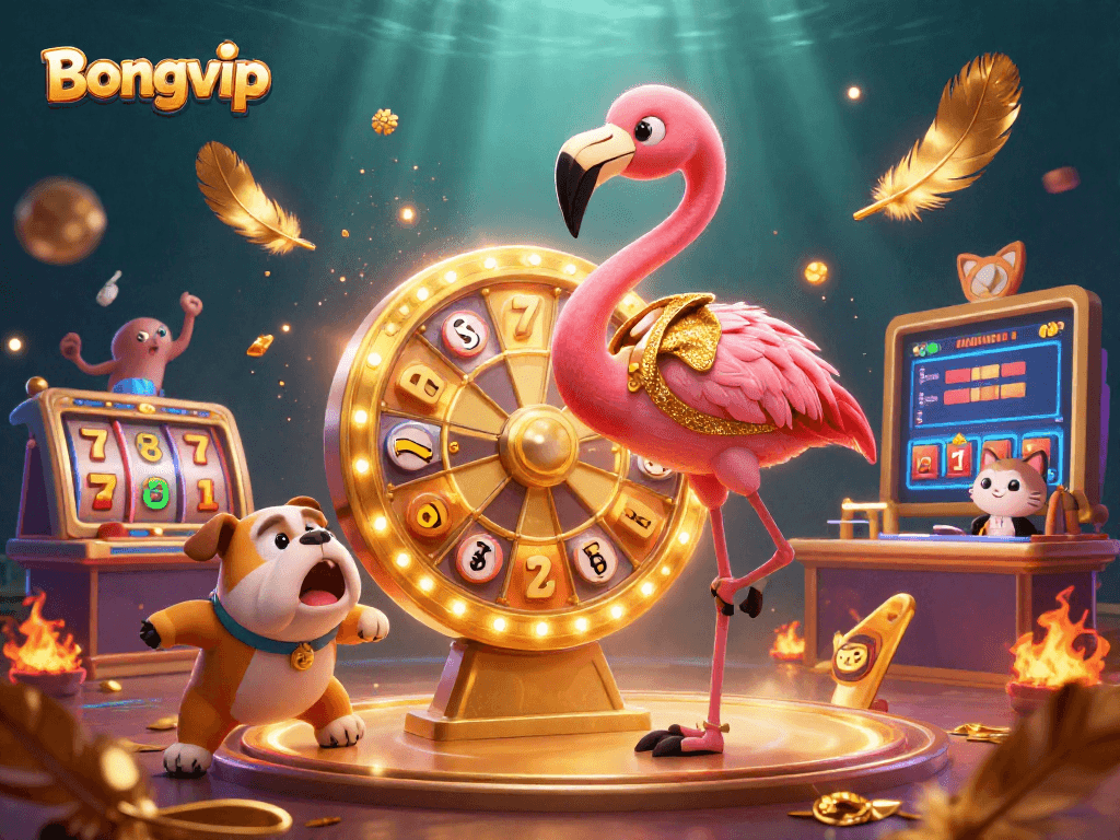 Experience the excitement at Bongvip with a thrilling game show scene showcasing a host, contestant, and prizes in a vibrant casino.