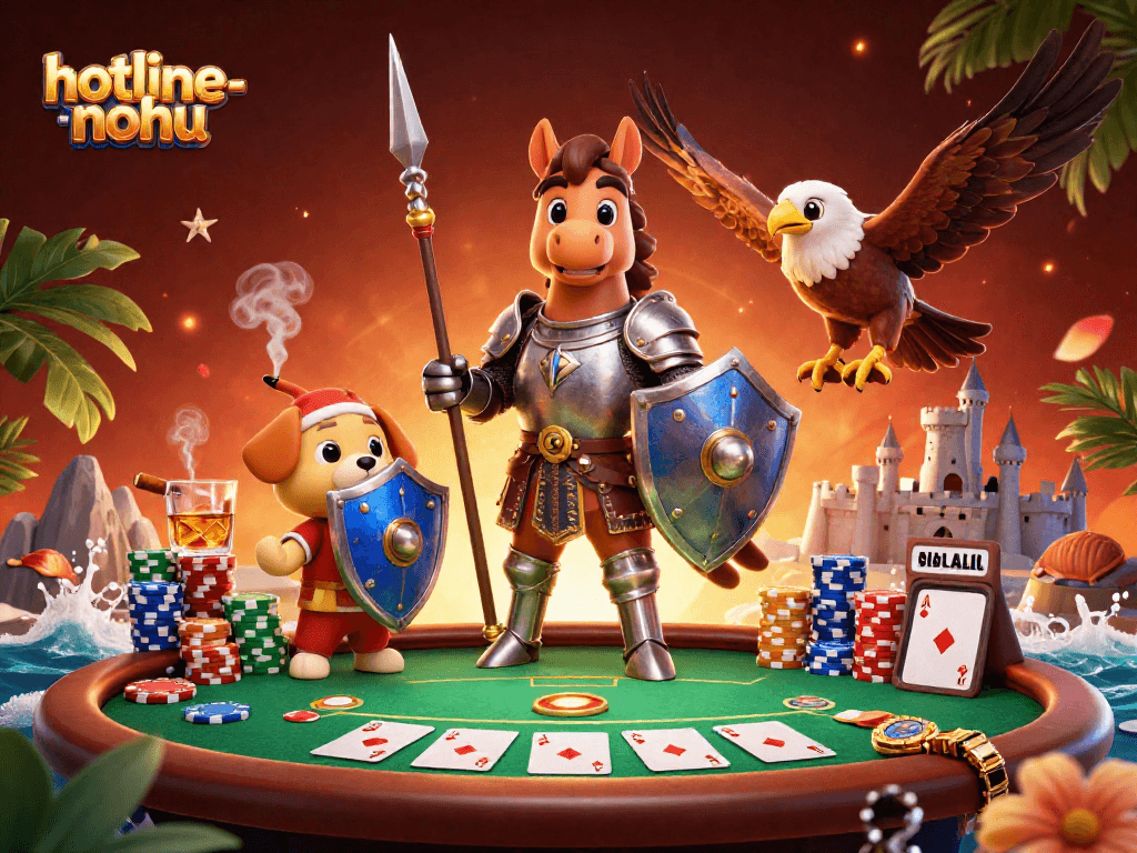 Engage in thrilling bets with the hotline-nohu poker scene showcasing chips, cards, and dynamic knights.