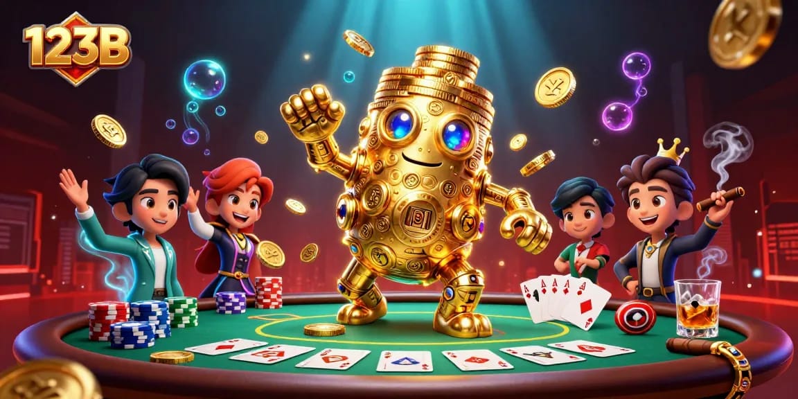 Engage in thrilling gameplay at 123B with a dynamic scene featuring a golden golem and poker elements.