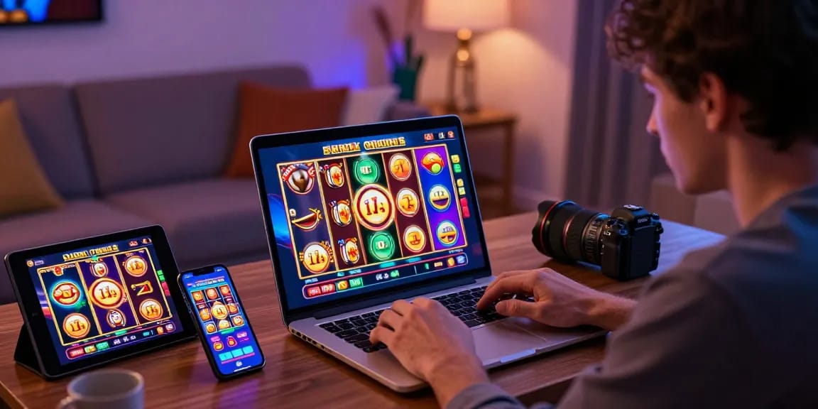 Dynamic online slot gaming experience with colorful reels and player focused on winning.