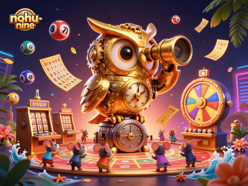 Experience the thrill of nohu-nine with a dynamic 3D illustration of a casino floor featuring a clever clockwork owl.