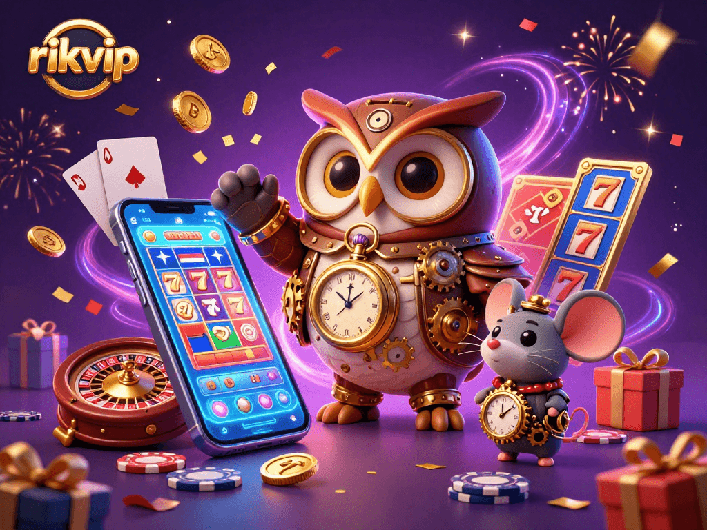 Experience the excitement of rikvip with a vibrant 3D scene featuring a time-traveling owl and casino elements.