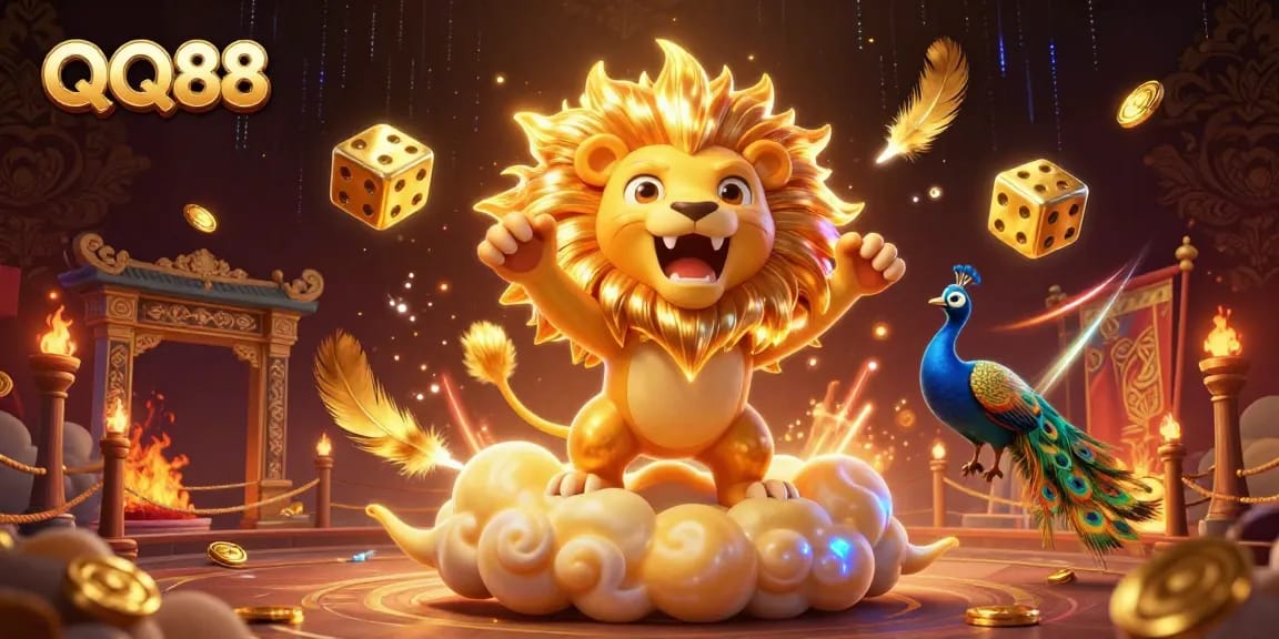 Experience the thrilling QQ88 atmosphere with a roaring lion and golden dice in an energetic casino scene.