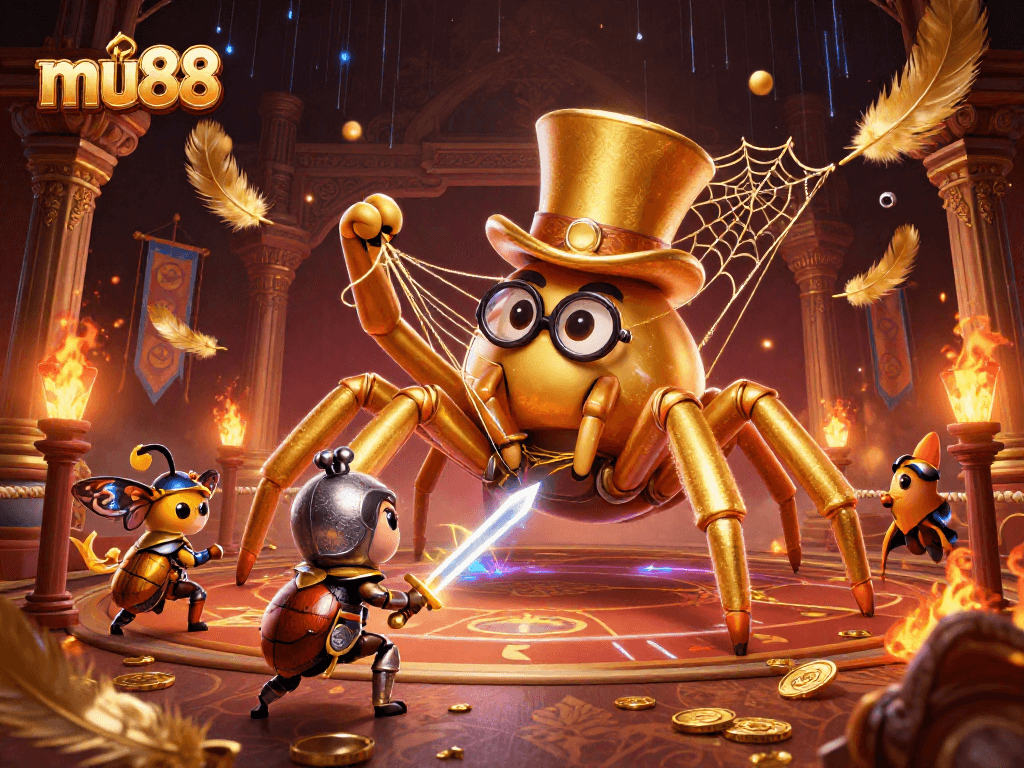 Bet on vibrant action with mu88's golden tarantula and beetle knight in this gaming scene.