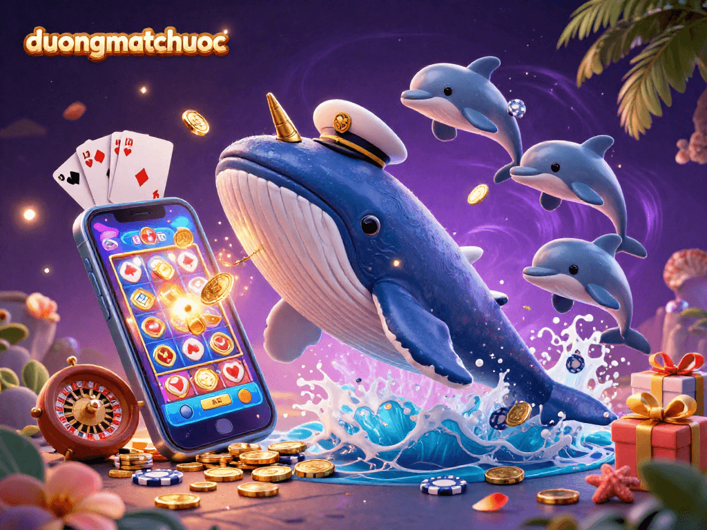 Experience the excitement of duongmatchuoc with a dynamic scene featuring a giant whale, playful dolphins, and vibrant casino elements.