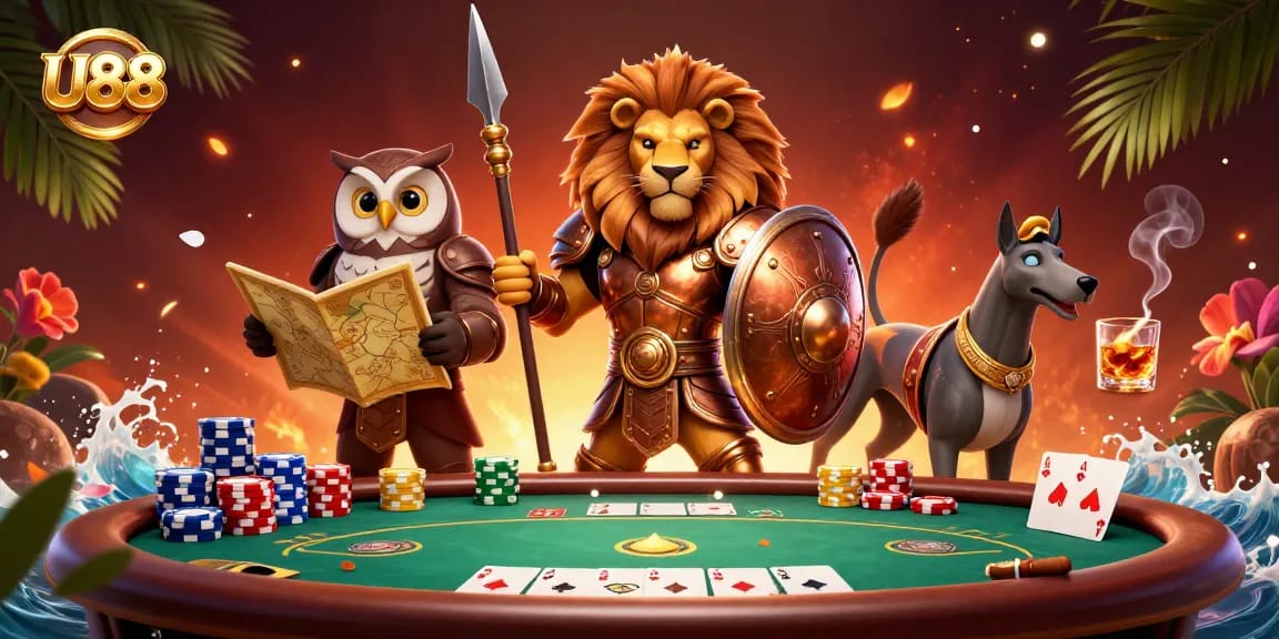 Experience the thrill of U88 with a vibrant 3D casino scene showcasing poker and gambling elements.