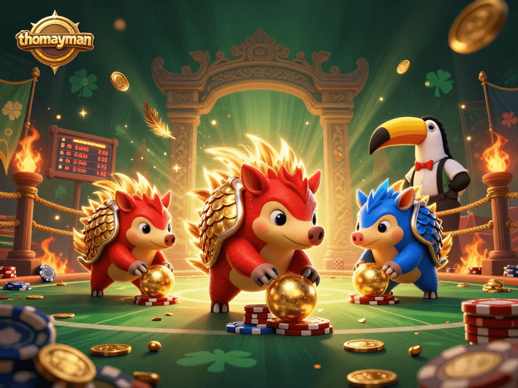 Experience thomayman with animated pangolins rolling into golden balls and stacks of poker chips!