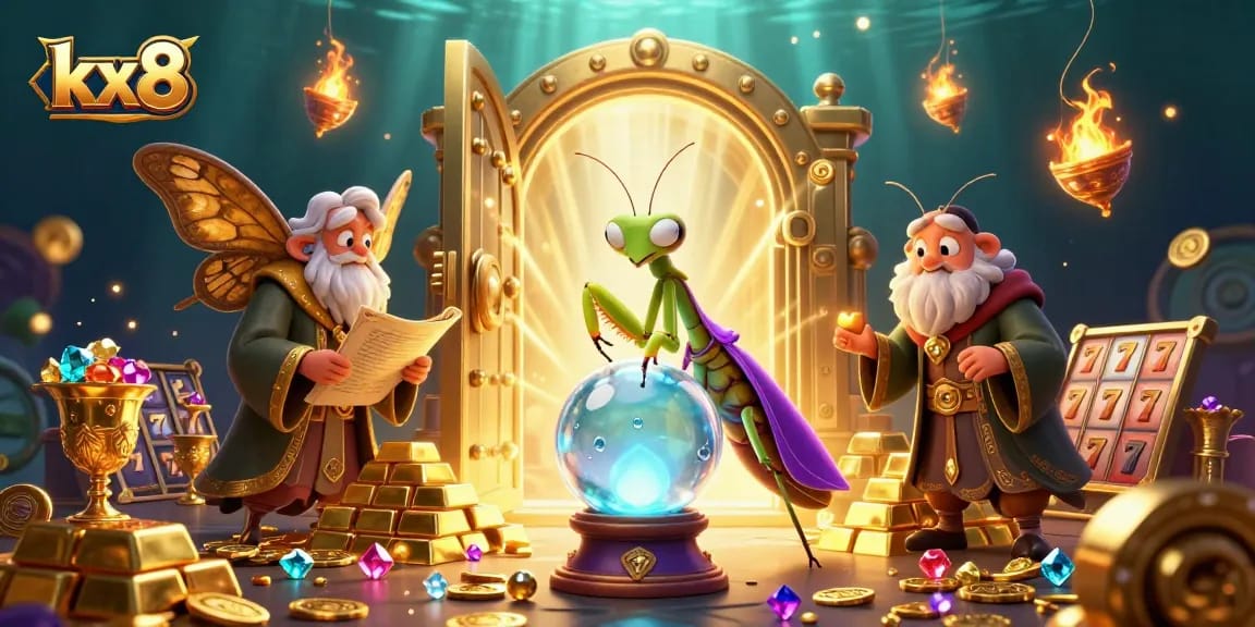 Engage with the kx8 gaming universe in this vibrant illustration featuring a mystical fortune teller and exciting casino elements.