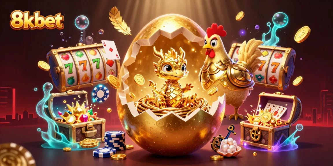 Experience the thrill of 8kbet with a golden dragon and vibrant slot elements in a rich casino scene.