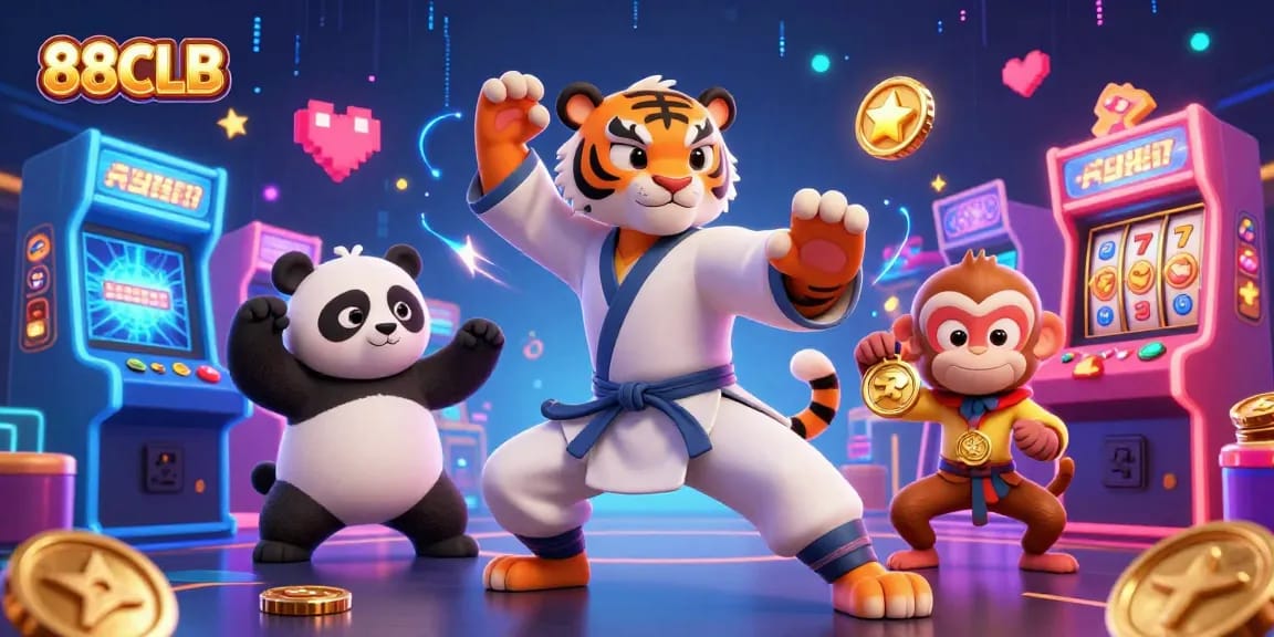 Immerse in 88CLB's dynamic casino scene with a kung fu tiger master, panda disciple, and monkey student amidst vibrant game elements.