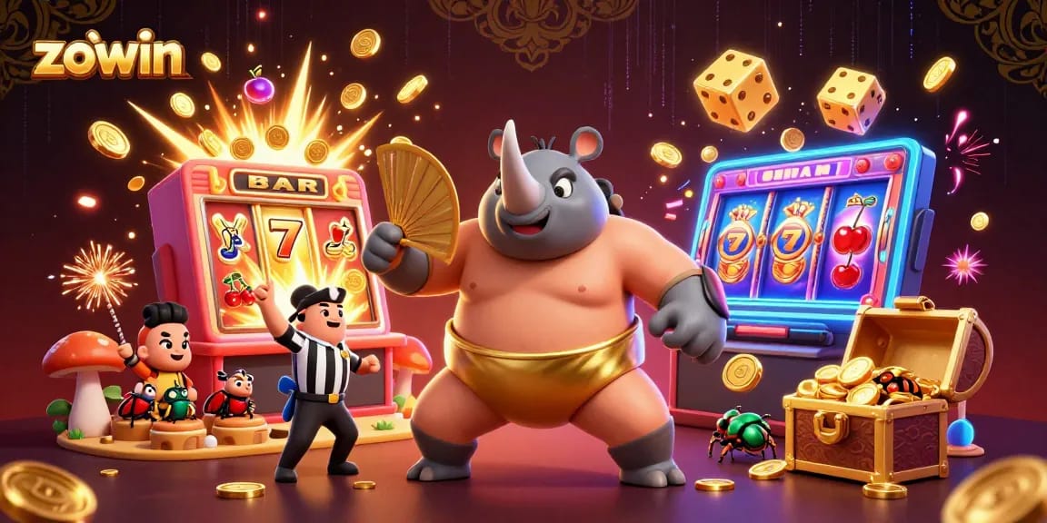 Experience thrilling gaming action with Zowin's vibrant casino scene featuring a beetle champion.