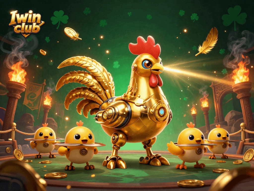 Iwin club features an explosive scene of a golden rooster robot engaging in an epic gambling showdown.