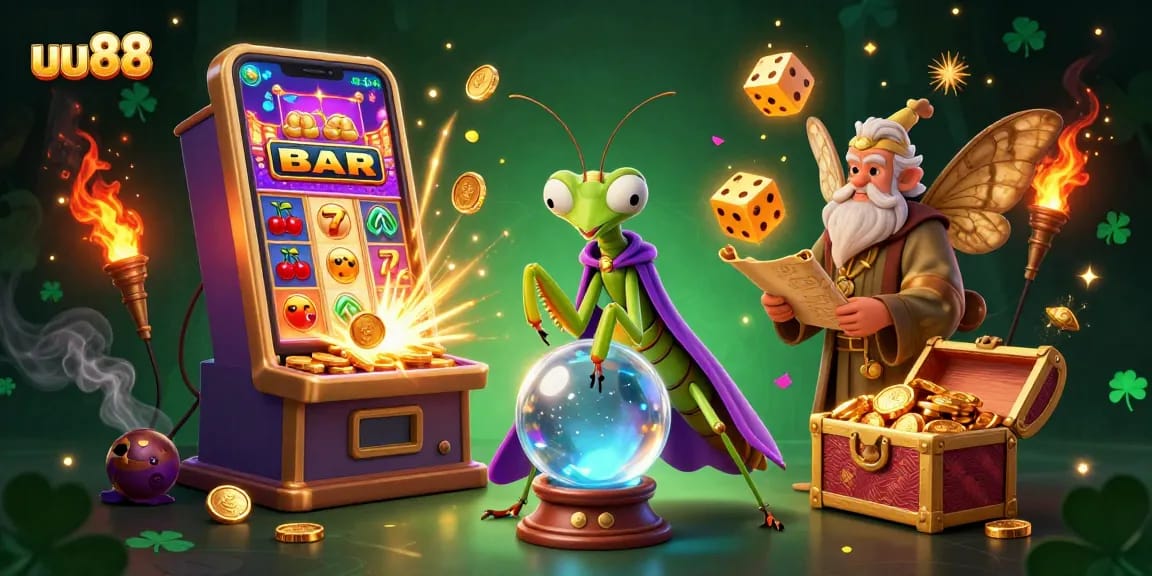 Experience winning thrills at uu88 with a vibrant casino scene featuring fortune tellers and slot machines.