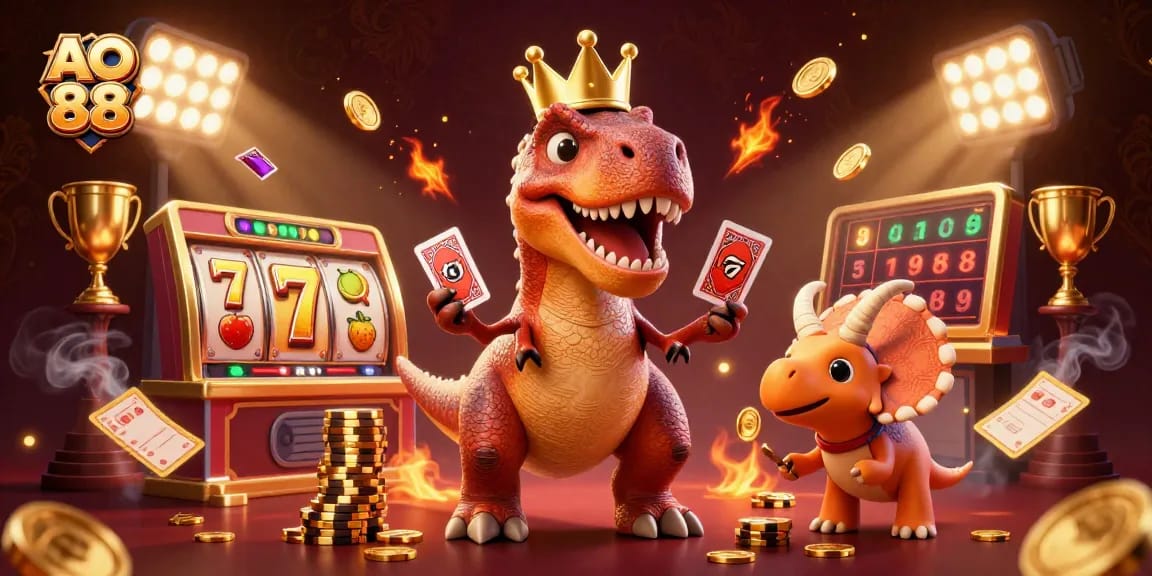 Experience winning slots with AO 88 through exciting T-Rex and friends playing cards.