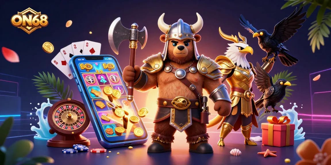 Engage with ON68's thrilling 3D gaming experience featuring dynamic action and vibrant casino elements.