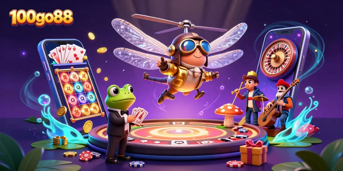 Experience exciting games at 100go88 while enjoying dazzling casino scenes filled with vibrant characters and shimmering rewards.