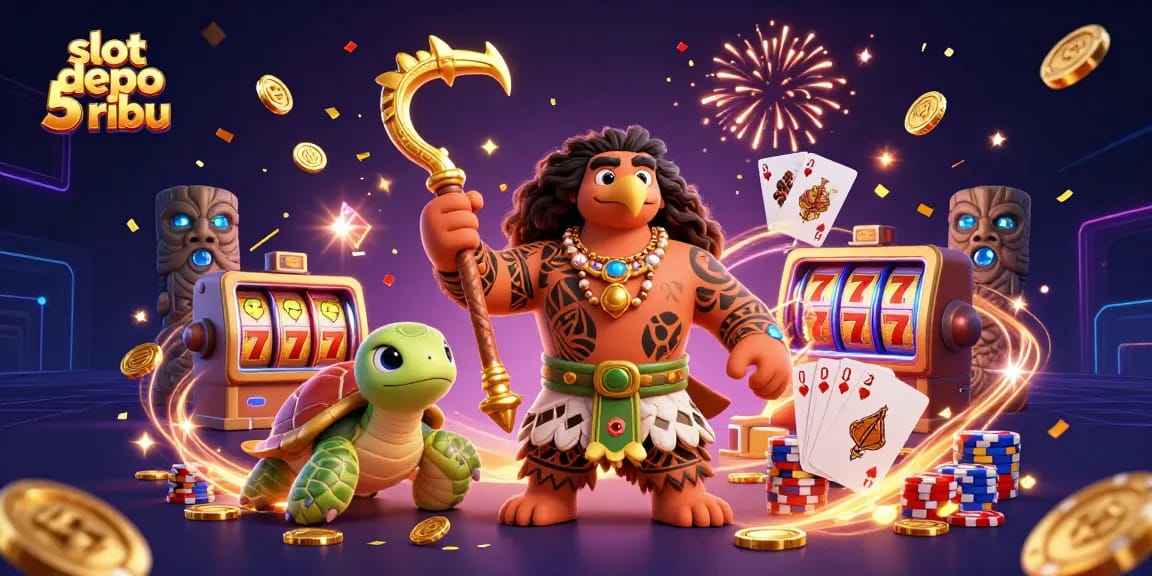 Experience the thrill of slot depo 5 ribu with vibrant 3D illustration including dynamic gaming elements.