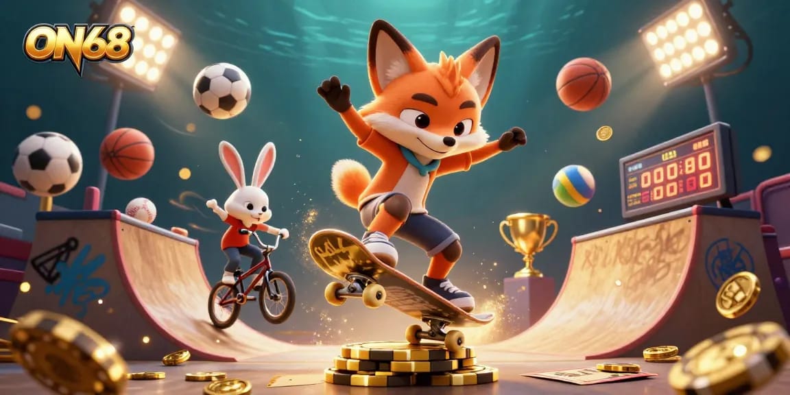 ON68's vibrant digital illustration features a lively skateboarding fox and BMX rabbit in a dazzling casino setting.