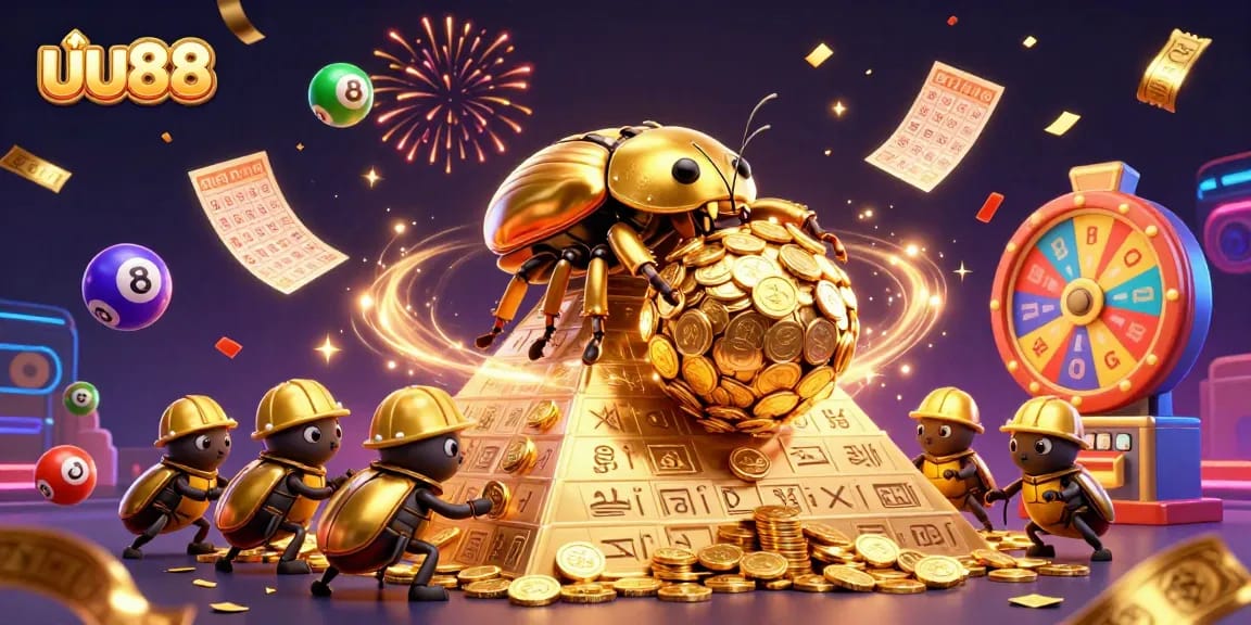 Engage with uu88 gaming excitement amidst golden coins, lottery balls, and festive energy