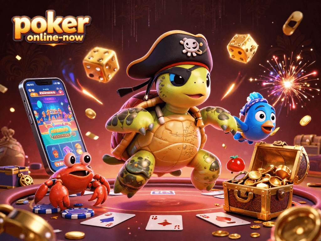 Engage in thrilling games at poker-online-now with cartoon figures and vibrant casino themes.