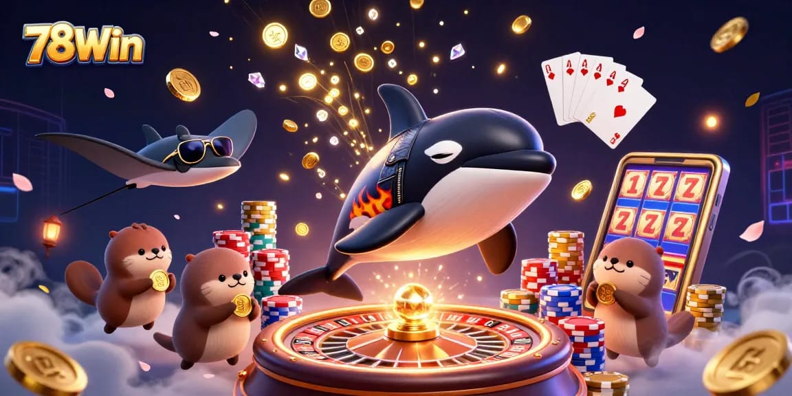 Experience the excitement of 78Win as an orca jumps amid flying gold coins and dazzling gems in a dynamic casino scene.