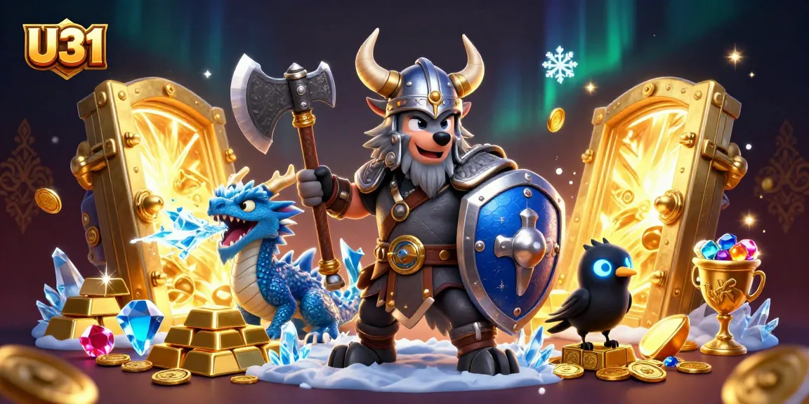 Win with U31 in a vibrant Viking-themed casino scene filled with treasures and gemstones.