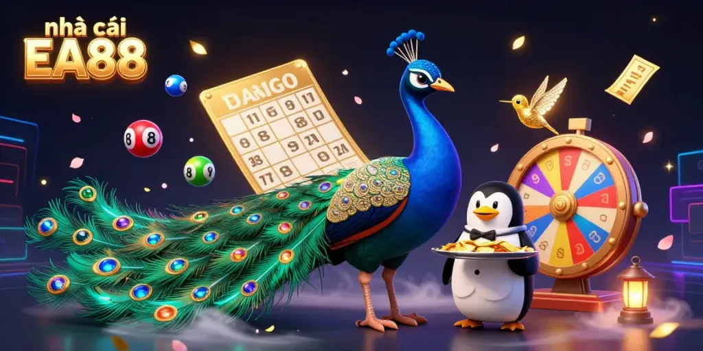 Experience excitement with nhà cái EA88 in a colorful 3D casino scene featuring characters and dynamic lottery elements.