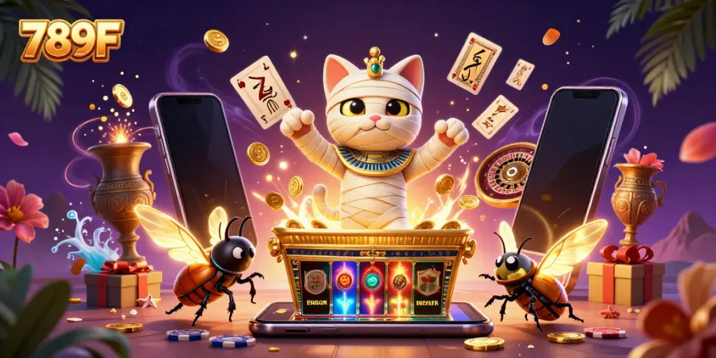 Engaging 789F illustration with a mummy cat, casino games, and vibrant slot action.
