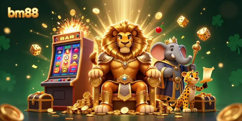 Experience thrilling gameplay with bm88 as a lion king, elephant advisor, and cheetah messenger amidst a slot jackpot.