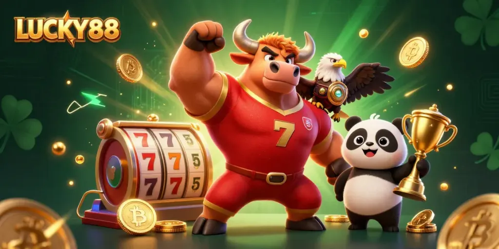 Win big at LUCKY88 with vibrant 3D casino characters celebrating and promoting exciting gameplay.