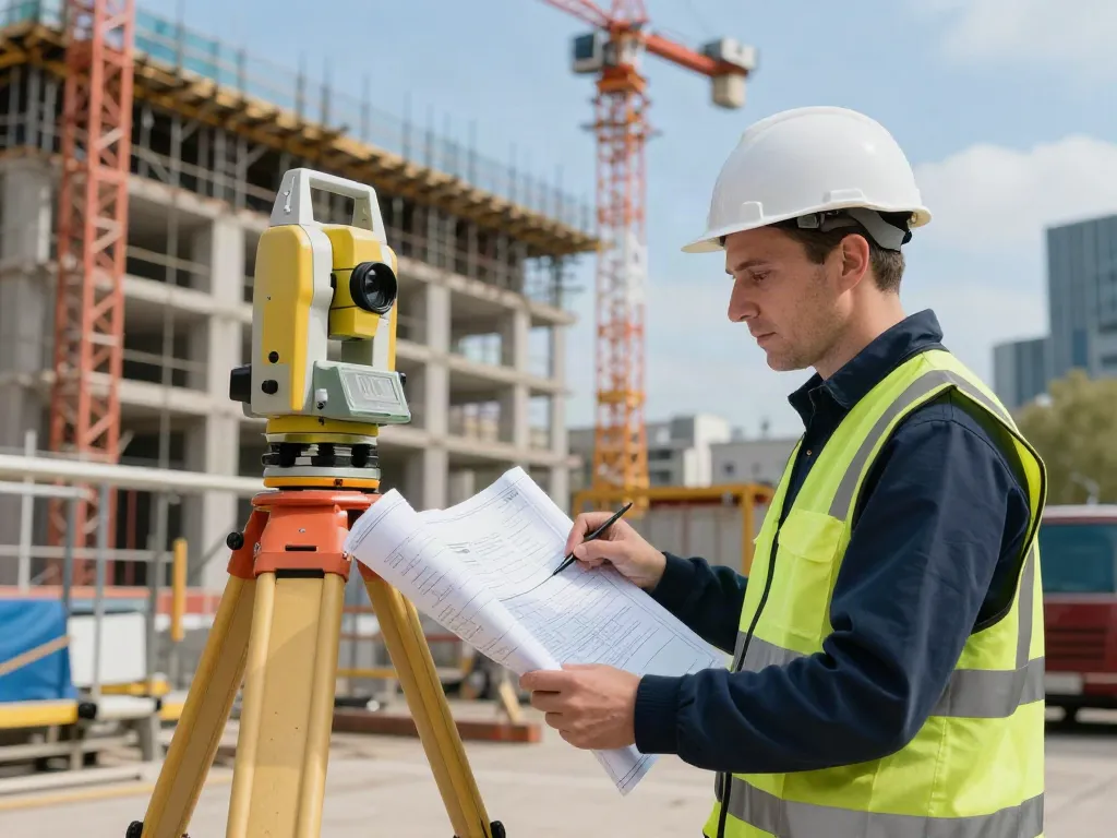 Measured Building Survey Surrey - Surveyor at a construction site with advanced equipment and blueprints.