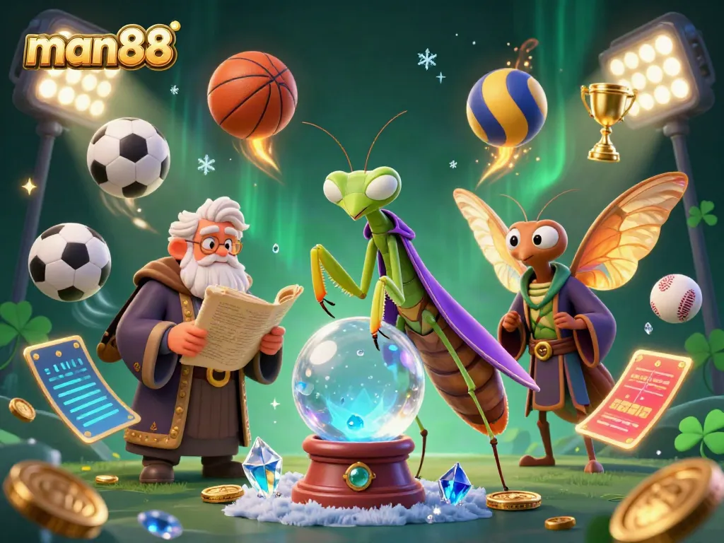 Experience the dynamic atmosphere of man88 casino with fortune tellers, sports elements, and vibrant 3D visuals.