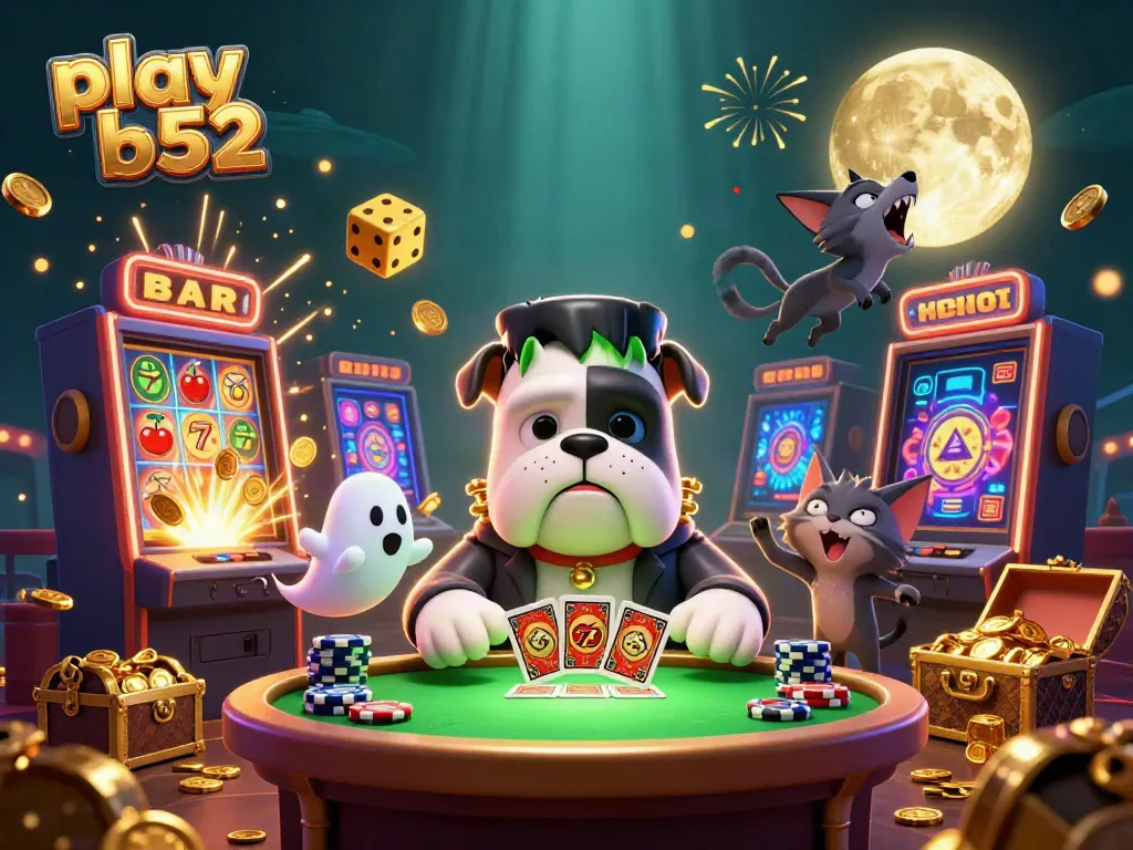 Engage in play b52 with a vibrant casino atmosphere featuring a Frankenstein bulldog dealer and gold-themed games.