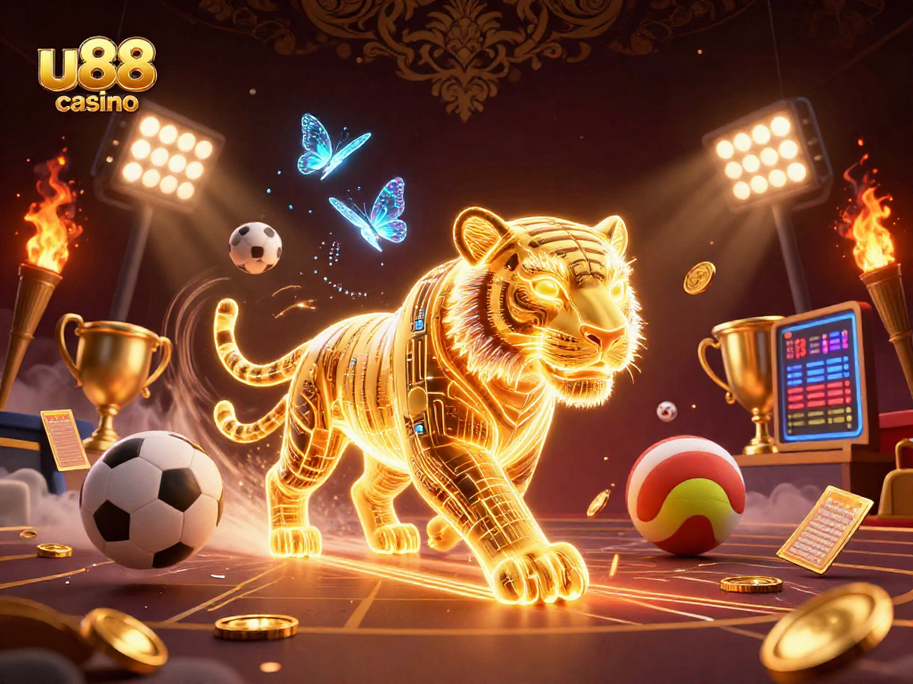 Engage in thrilling gameplay at u88 casino with a dynamic 3D visual of an energetic casino landscape.