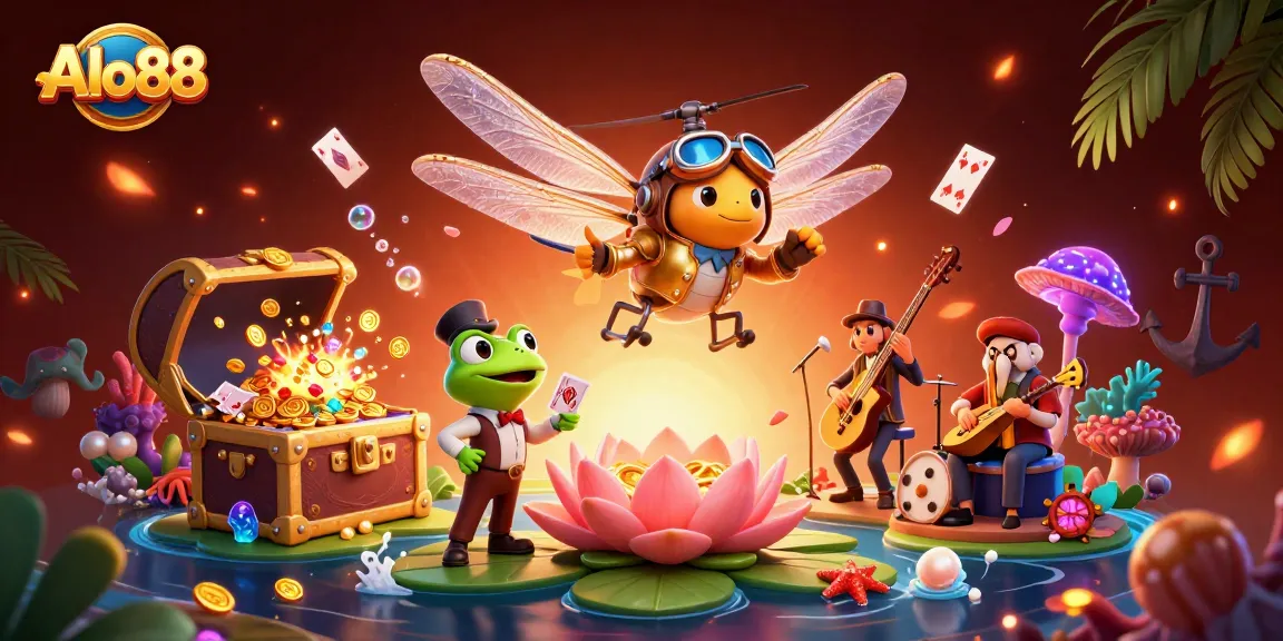 Alo88 offers a vibrant casino experience with exciting games, highlighted by a whimsical scene featuring a dragonfly pilot and frog croupier.