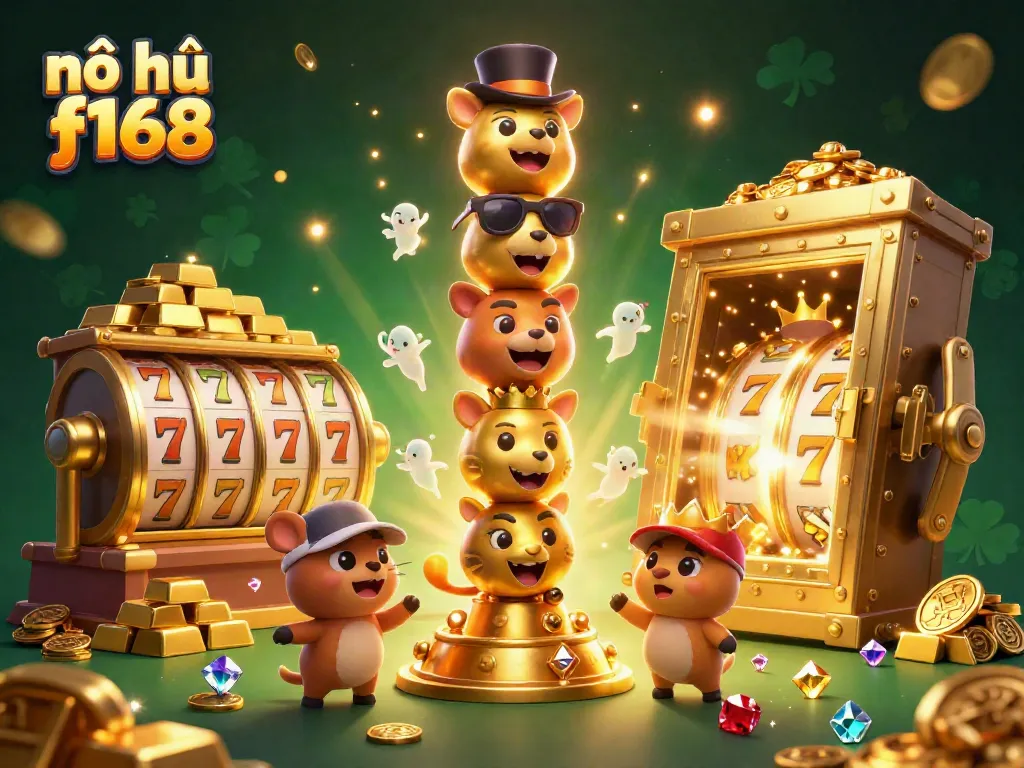 Nổ hũ f168 showcases a vibrant casino scene with dynamic characters and rich treasures.