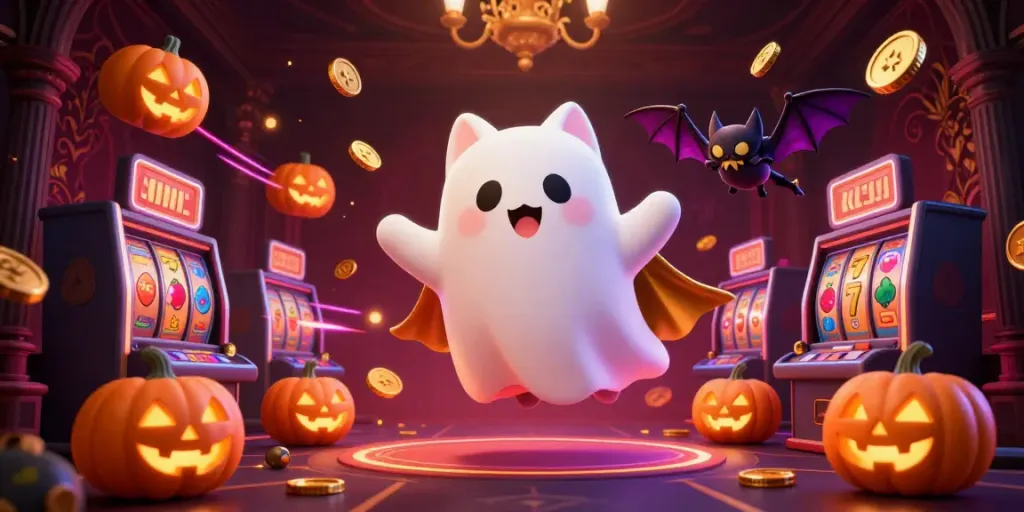 Engaging ghost cat and bat characters showcase luck8 casino thrills within a haunted mansion scene.