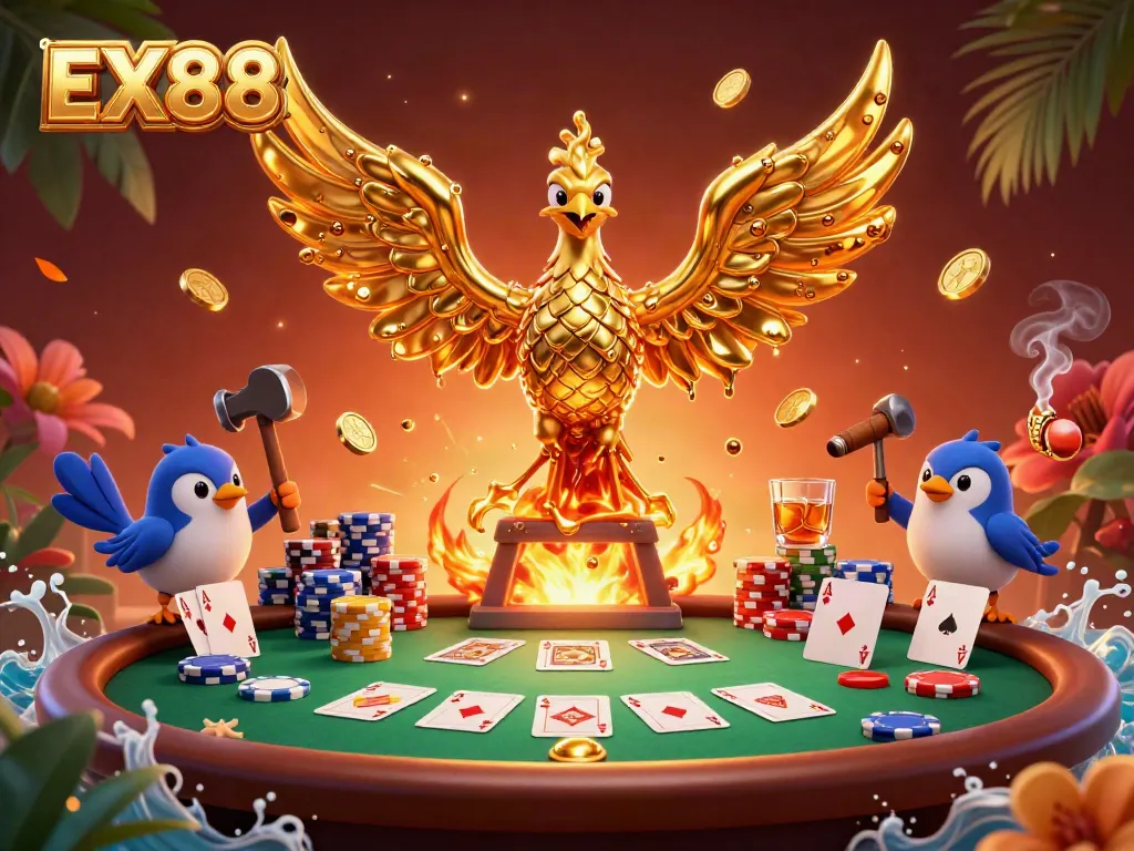 EX88-themed illustration with a phoenix and casino elements, showcasing vibrant gaming atmosphere.