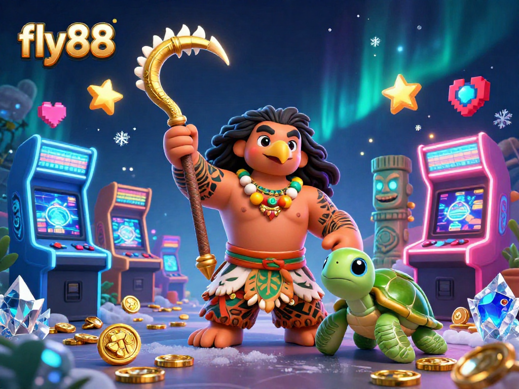 Engage in thrilling gameplay at fly88, featuring vibrant casino elements, 3D characters, and exciting animation.