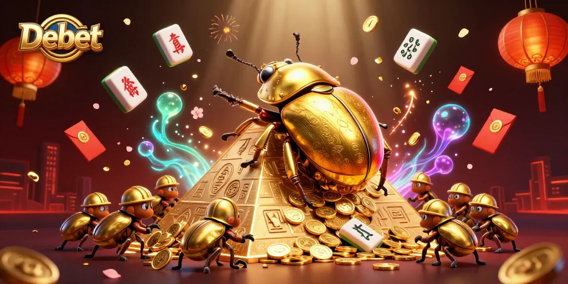 Engage with Debet's vibrant casino universe, featuring golden beetles and lucky symbols.