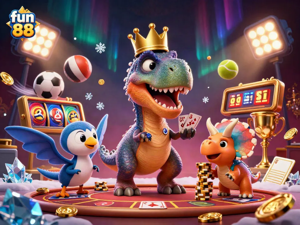 Engaging scene illustrating fun 88 with a T-Rex shuffling cards and golden chips stacked, enhancing casino excitement.