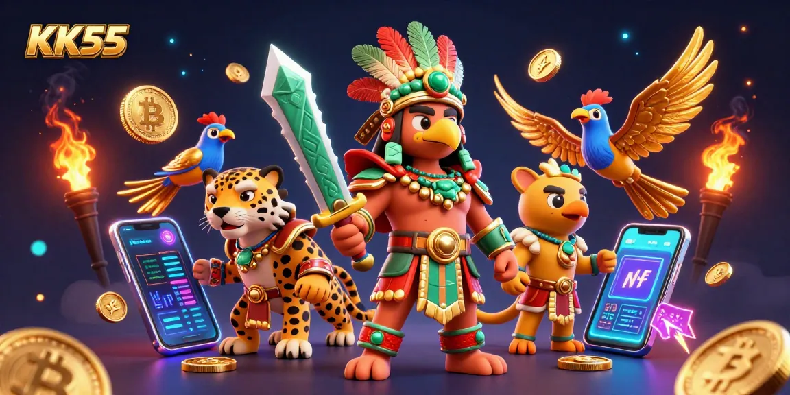 Engage with KK55's vibrant world of online gaming featuring Aztec warriors and cryptocurrency.