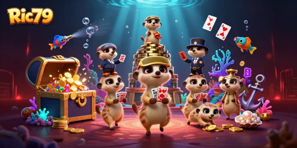 Experience the dynamic casino world of Ric79 with playful meerkats managing a vibrant underwater treasure hunt.