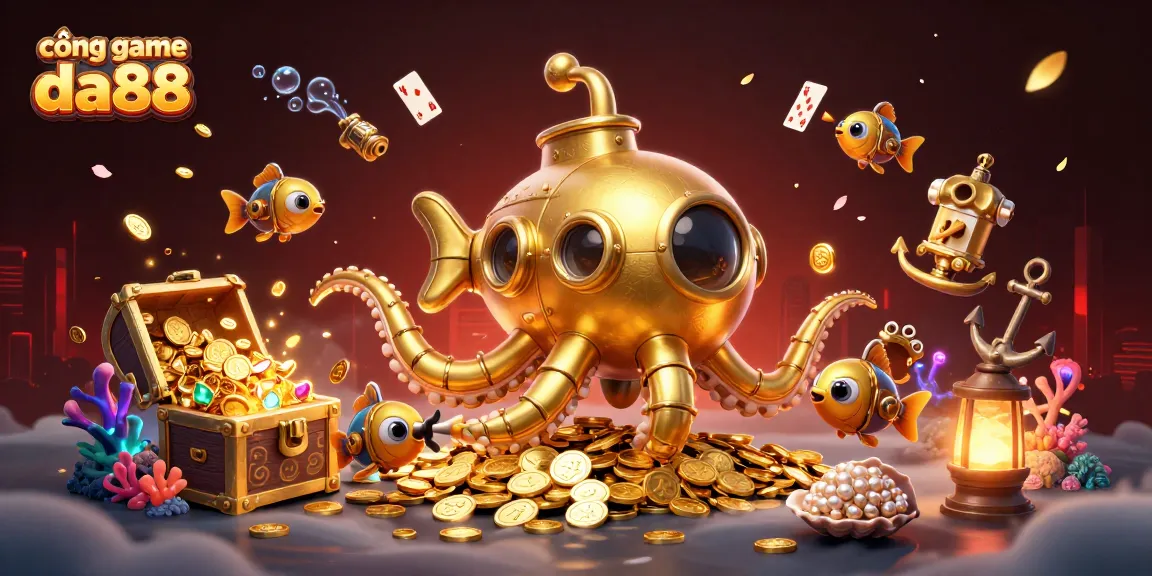 Engage with cổng game da88 through a vibrant underwater adventure, featuring a golden kraken submarine and treasure-filled sea.